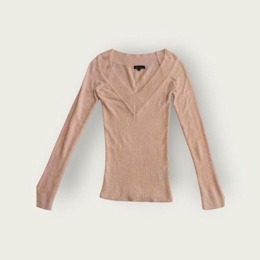 Vintage Y2k Seductions baby pink deep v-neck long and lean fitted sweater